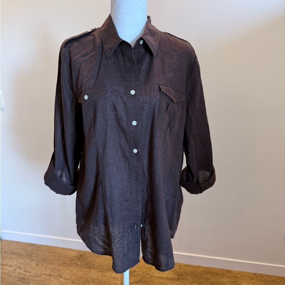 Chico's Linen Blend Utility Button Down Top Lagenlook Elevated Basic size Large